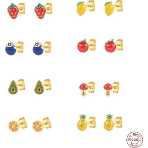 Aide 925 Sterling Silver Cute Tiny Enamel Fruit Stud Earrings Colored Drip Oil Avocado Orange Lemon Ear Studs Piercing Jewelry