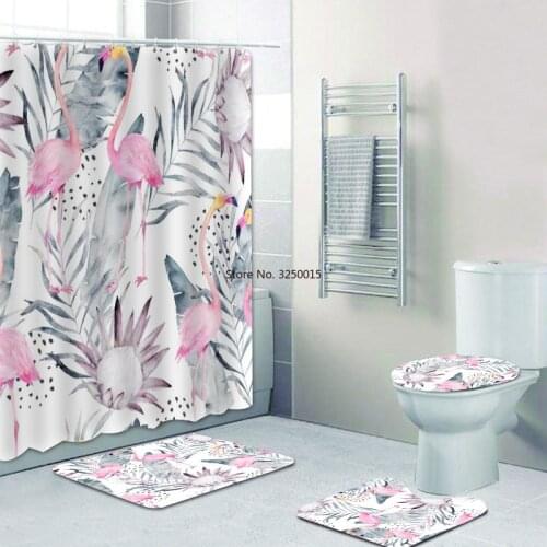Pink Watercolored Flamingo Shower Curtains Bathroom Curtain Set Elegant Tropical Flamingo Painting Bath Curtains Rugs Decor