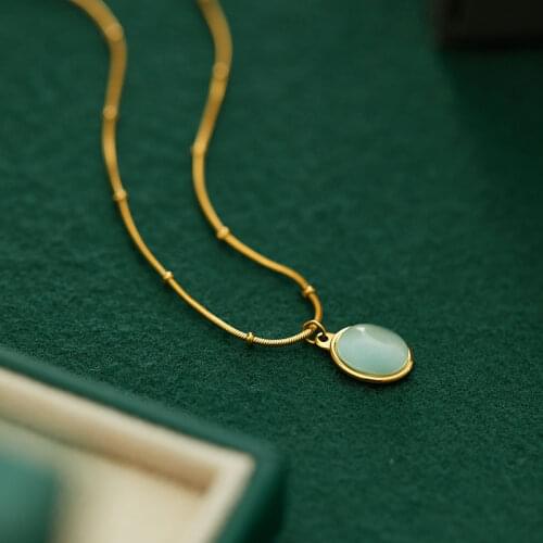 RHYSONG Oval Opal Pendant Necklace For Women Stainless Steel Snake Chain On Neck Vintage Crystal Stone Charm Aesthetic Jewelry