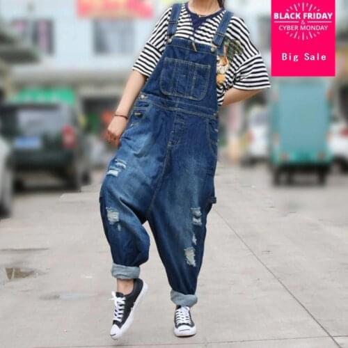 2020 fashion brand plus size Frayed Harem umpsuits female great quality retro long denim Playsuits & Bodysuits wj2204 wholesale