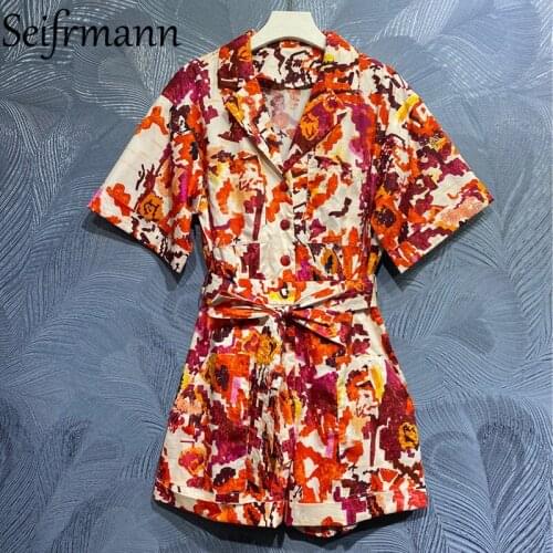 Seifrmann New 2021 Summer Women Fashion Runway Cotton Bodysuit Short Sleeve Bow Sashes Vintage Print Jumpsuit Elegant Playsuits