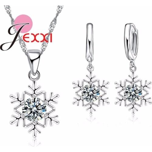 Elegant Snowflake Pendant 925 Sterling Silver Cubic Zirconia Luxury Stone Jewelry Sets for Women Wedding Necklace/Earrings