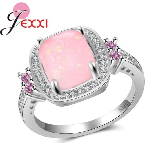 Sweet Pink Fine Opal 925 Sterling Silver Big Square Ring For Women Female Engagement Party Jewelry High Quality