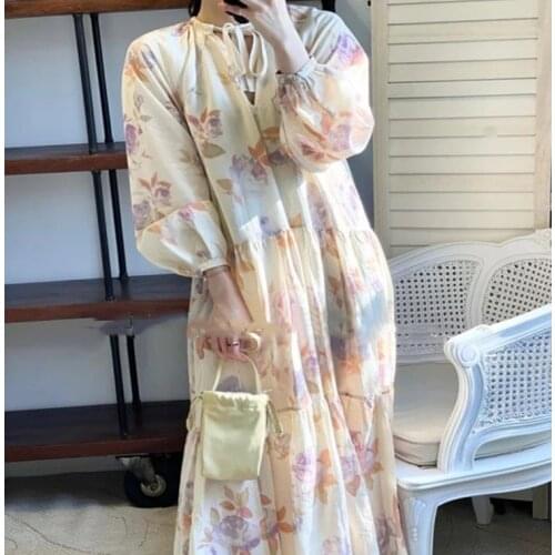 2021 Summer Dress for Women Lace-Up V-Neck Lantern Sleeve Maxi Dress Ladies Ruffles Long Robes Female Loose Causal Dress