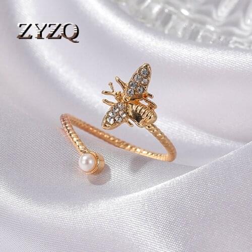 ZYZQ Romantic Imitation Pearl Bee Wedding Rings Adjustable Cute Ring For Women Girls Insect Fashion Jewelry