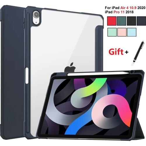 With Pencil Holder Case for iPad Air 4 Case 10.9'' Inch 2020 PU Leather Stand Transparent Case for Air 4 A2324 A2072+ Stylus