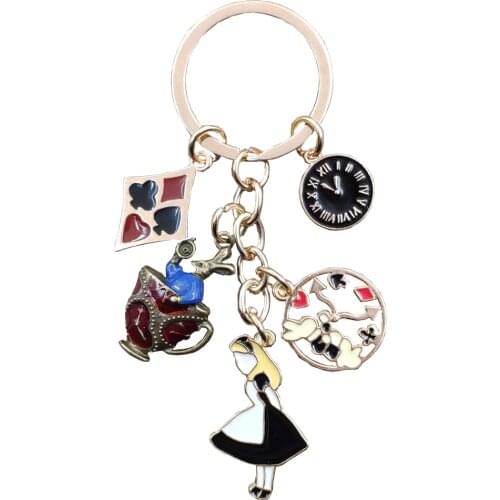 Enamel KC Gold Plated Keychain Alice in Wonderland Rabbit Bunny Clock Teapot Poker Style Ethnic Handmade Key Ring Gift BZ059-76