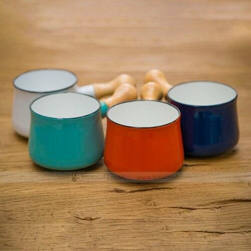 9cm enamel wood handle Mini milk pot chocolate melting pot butter pot northern Europe Zakka