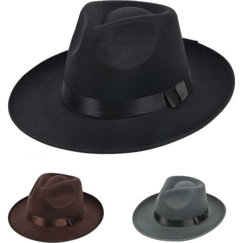 Vintage Men Women fedora derby fashion bowler wool sun-shade brim Belt Felt Hat Wide Brim Fedora Trilby Panama Hat Gangster Cap