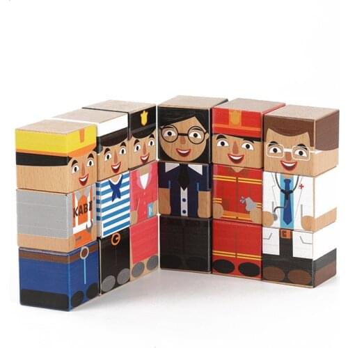 Figure Cube Wooden Building Blocks Kids Toy Montessori Materials Educational Toys For Children Occupation Family Member Puzzle