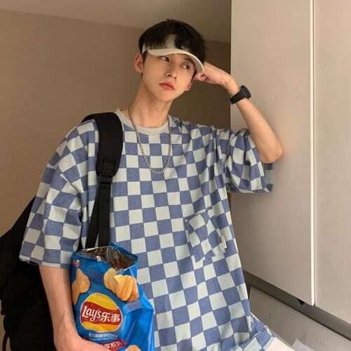 Summer Man T-shirts Short Sleeve O-neck Fashion Plaid Loose Vogue Quality Ulzzang Oversize Cotton Retro Harajuku Men Clothing