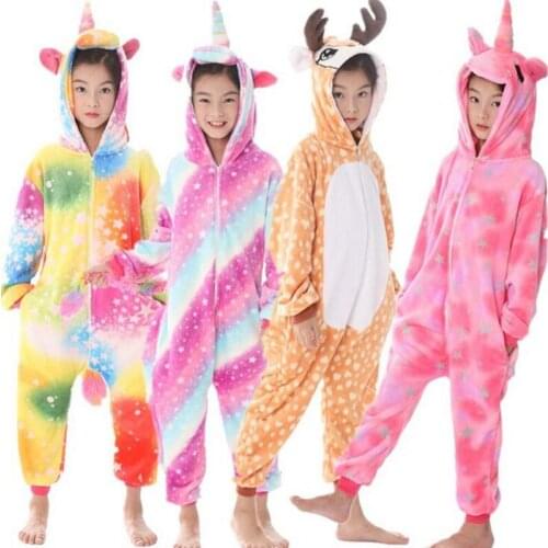 Girls Boys Winter Kigurumi Pajamas Unicorn Cartoon Anime Animal Onesie Kids Cute Sleepwear Children Flannel Warm Hooded Jumpsuit