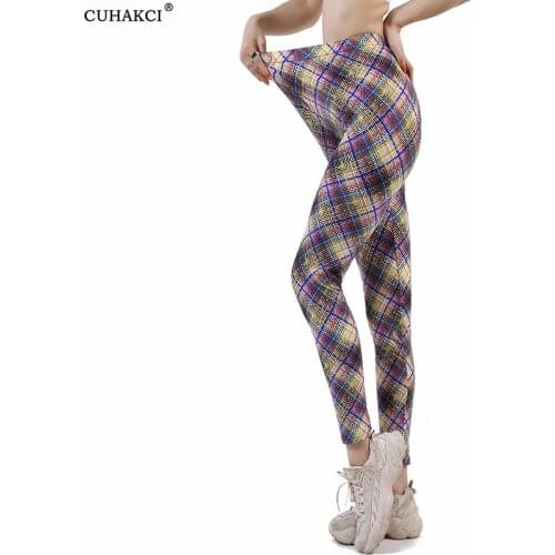 CUHAKCI Colorful Plaid Print Legging Women Soft Fitness Fashion Slim Sport Pants High Waist Outside Leggins Elasticity Workout