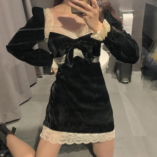 Gothic Lolita Retro Hepburn style little black dress autumn Japanese soft girl cute bow slim slim long-sleeved princess dress