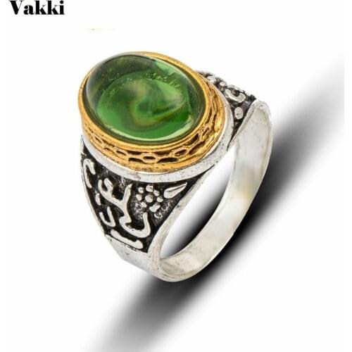Men Vintage Finger Ring EthnicGreen Stone Rings Carved Flower Silver Color Wedding Jewelry Accessories Gift for Men