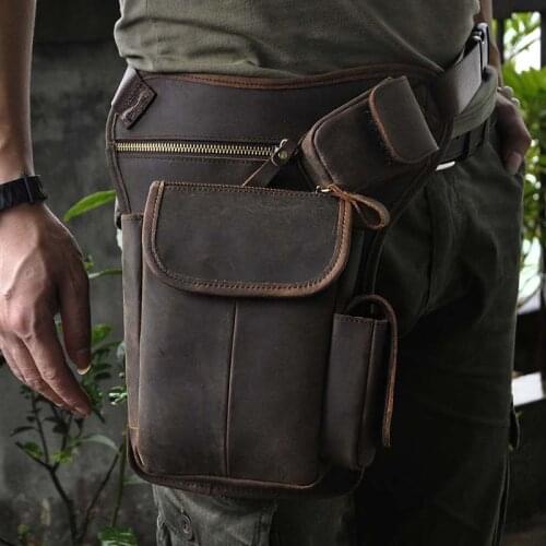 Men Crazy Horse/Oil Wax Genuine Leather Waist Pack Leg Bag Motorcycle Rider Bum Hip Belt Purse Male Fanny Shoulder Messenger Bag