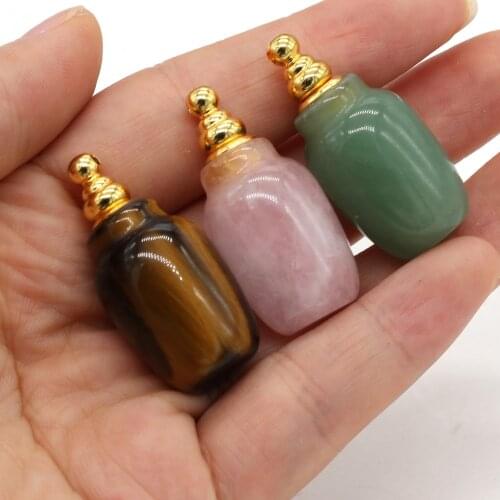 Natural Rouse Quartz Tiger Eye Stone Oil Diffuser Perfume Bottle Pendants Oil Diffuser Pendant Vase Shape for Making Necklace