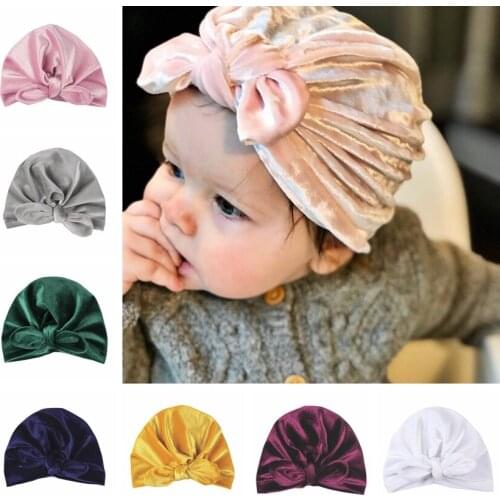 Nishine 1PCS Gold Velvet Turban Hat Kids Ear Knot Newborn Beanie Top Knot Caps Headwear Birthday Gift Photo Props