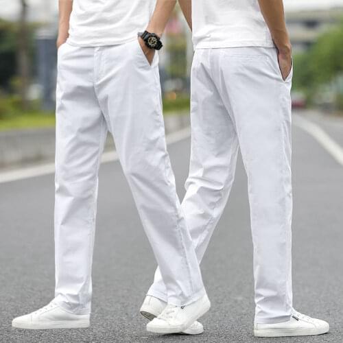 2020 New White Casual Cotton Linen Mens Pants Loose Sport Long Pants Solid Color Straight Trouser Fashion Plus Size 40 L80