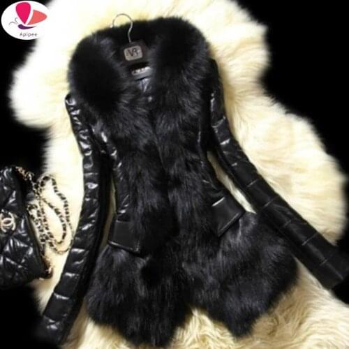 APIPEE New 2020 Winter Fur Coat Faux Fox Fur Fur Fox Fur Collar Long Leather Women Large Size Coat