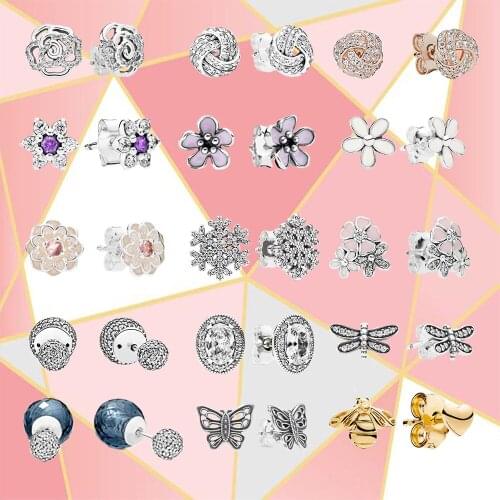 2021 New High Quality 100% Sterling Silver Enamel Poem Flower, Forget-me-not, Snowflake, Bee Ear Studs, Womens Fashion Jewelry