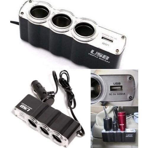 One for three car cigarette lighter 1 USB Charger Supply and 3 Socket Car Cigarette Lighter Extender Splitter