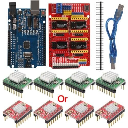 CNC Shield Expansion Board V3.0+UNO R3 Board with usb for Arduino+4pcs Stepper Motor Driver A4988 Kits for Arduino