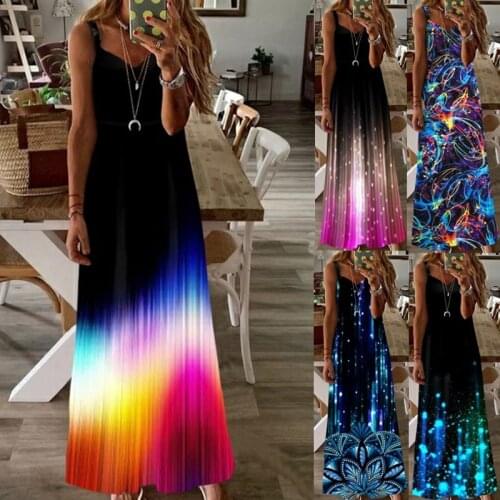 Deep V-neck Dress Sleeveless Sling Dress Summer Long Dress Printed Party Dress Plus Size S-5XL