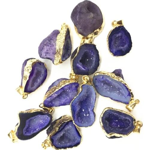 Fashion Natural Stone Reiki Pendants&Necklace Brazilian Electroplated Gold Edged Slice Open Purple Agates Geode Drusy Druzys