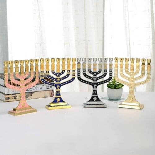 Blue Enamel Menorah Gold Plated 7 Branch Tribes Of Israel Jerusalem