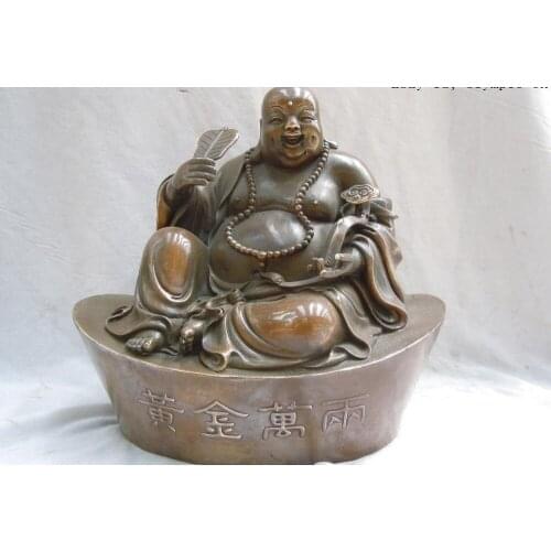 10" China brass copper money after ones own heart happy buddha Sculpture statue