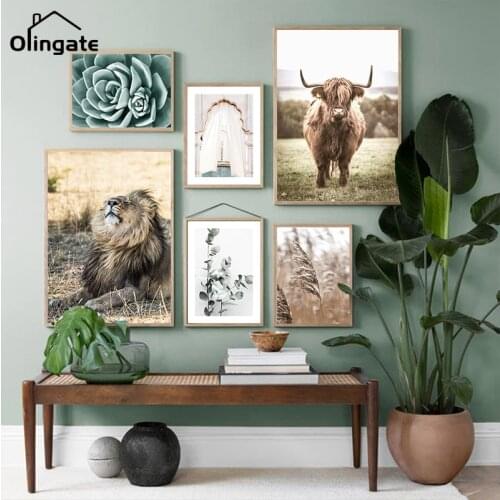 Nordic Natural Landscape Canvas Print Poster Animals Cow Lion Plants Forest Wall Art One Piece Canvas Painting Home Decor Gift