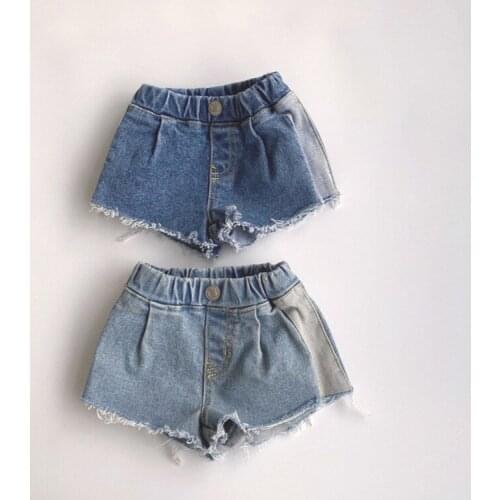 Childrens summer new Korean style shorts retro western style stitching washed raw edge boys denim shorts