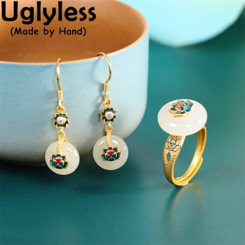 Uglyless Enamel Lotus Rings Earrings Bracelets for Women Nature Jade Peace Buttons Ethnic Jewelry Sets 925 Silver Eastern Bijoux