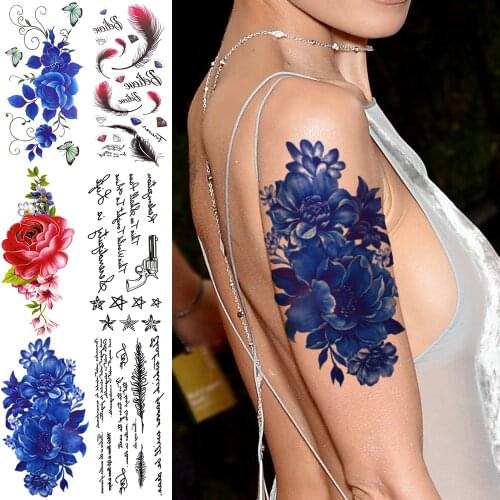 3D Peony Flower Temporary Tattoos For Women Adults Rose Feather Gun Fake Tattoo Sticker Thigh Forearm Realistic Tattos Big Arm