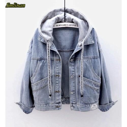 Smlinan Spring Autumn Hooded Denim Jacket Women Fahion Single Breasted Pocket Plus Size Vintage Streetwear Jeans Coat Female