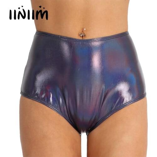 Iiniim Womens Clubwear Shiny Metallic Patent Leather Back Zipper High Waisted Booty Shorts High Cut Bodycon Pole Dance Shorts