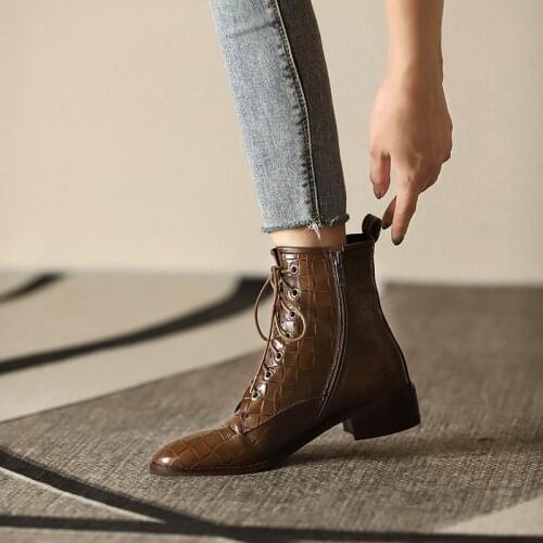 Mordoan Leather thick-heel Lady boots womens flat-bottomed British style retro short boots wild brown side zipper