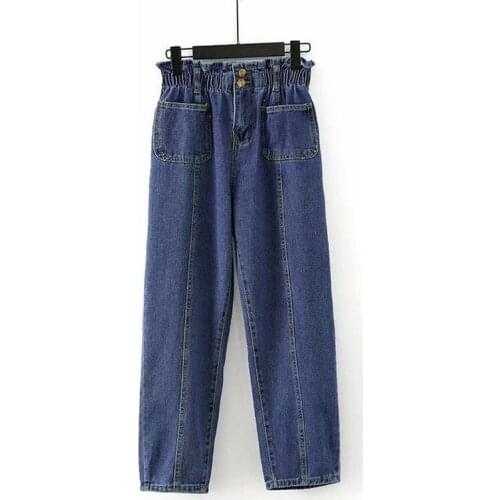 Plus Size Womens Blue Jeans Elastic Waist Casual Pants with Big Pockets Long Trousers high waist jeans