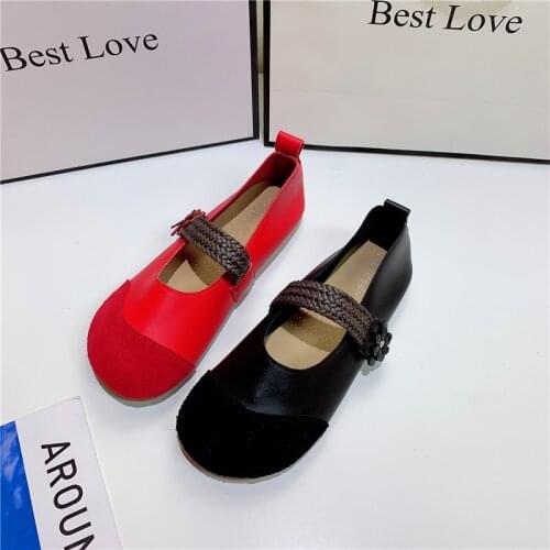 Large size womens shoes 41-43 leather retro literary forest series shallow mouth flat all-match single shoes womens shoes