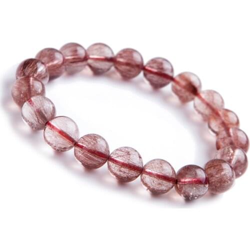 10.5mm Natural Genuine Red Rutilated Quartz Crystal Transparent Round Bead Stretch Charm Bracelet