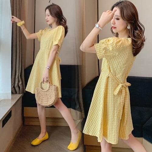 1810# Maternity Dress Nursing Summer Cotton Plaid Short Sleeve Loose Stylish Dress for Pregnant Women Mom Dress