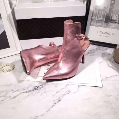 2020 New Fashion Winter Genuine Leather Rivet Super High 9cm Pointed Toe Women Boots Luxury Shoes Women Designers