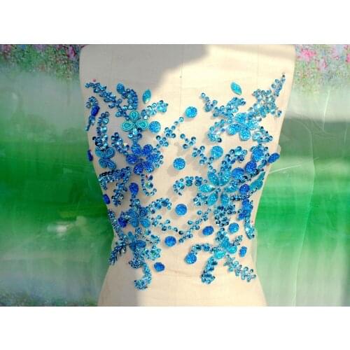 Handmade light blue Rhinestones applique sew on crystal patches with stones sequins beads 31*27cm for dress