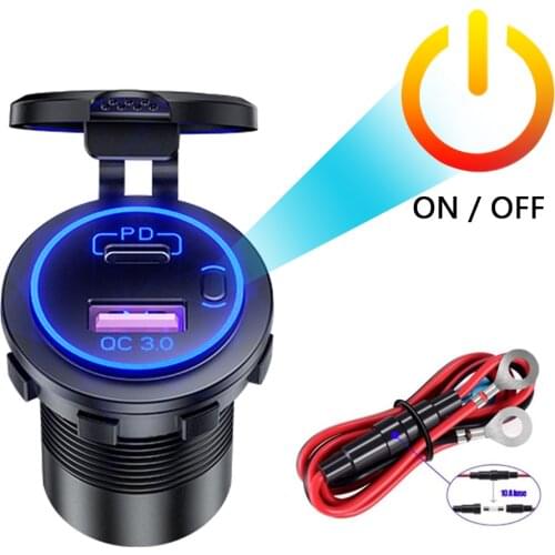 Car Motorcycle Dual USB Charger Quick Charge QC 3.0 + PD USB Fast Charger Socket Power Outlet Adapter with Switch + Wires