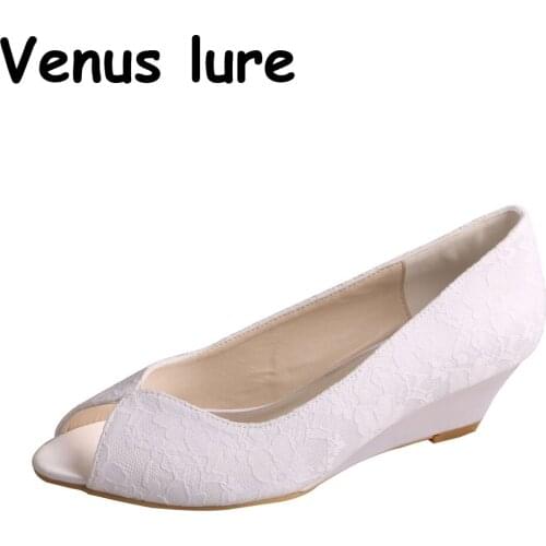 Custom Handmade White Lace Bridal Shoes for the Bride Wedge Heel Peep Toe Pumps