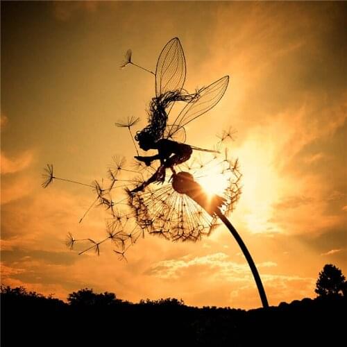 Fairy Dancing With Dandelion Garden Decoration Metal Art Mythical Fairy Landscape Sculpture Statue Outdoor Yard Lawn Decor