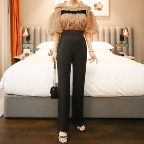 Fashion work style comfortable 2 pieces women sets temperamental sexy mesh perspective shirt and black long pants elegant sets