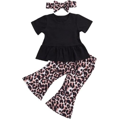 0-3Y Kids Clothes Sets Autumn New Girls Ruffles Short Sleeve T Shirts Kid Black Tops+Leopard Flare Pants+Headband