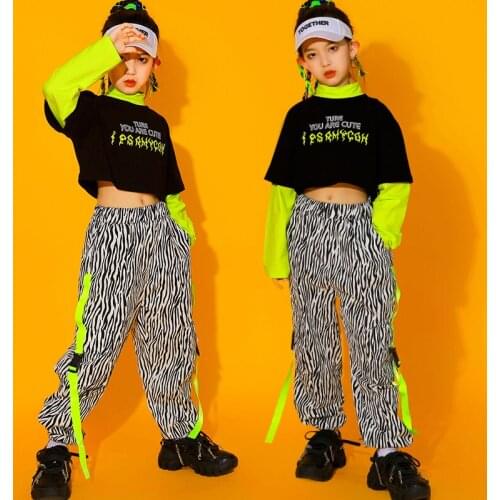 Girls Jazz Costume Hip Hop Kids Long Sleeves Tops New Stripe Pants Loose Street Dance Wear Performance Outfit Rave Wear BL7002